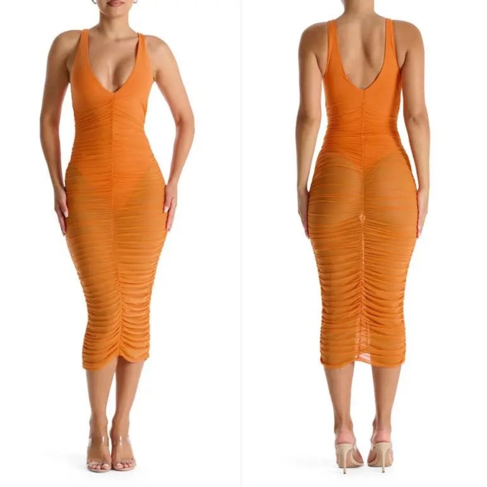 naked wardrobe Orange Ruched Midi Bodycon Dress